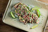 Roasted salmon with mustard and lime