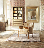 Knitted rug in classic living room in beige