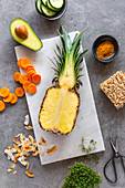Ingredients for a pineapple bowl with oriental noodles