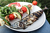 BBQ Mackerel and Vegetable Kebabs on a White Plate