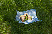 Sandwiches on hand-sewn napkin made from waxed cloth