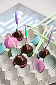 Chocolate almond balls on mini forks