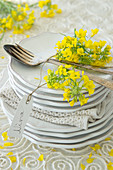 A stack of plates with a place setting and rape seed flowers