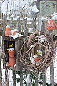 Töpfe mit Winterling als Dekoration im verschneiten Garten, Kranz aus Zweigen und Gräsern