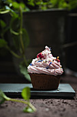 Vegan chocolate cup cakes with raspberries cream, dried flowers and sugar sprinkles