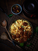 Meatballs with tagliatelle and olives
