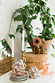 Tassen und Untertassen mit Blumenmuster, Kerzenhalter und Zimmerpflanze