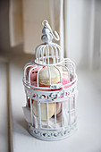 Various macaroons in a decorative bird cage