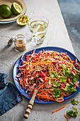Red and white cabbage crunchy salad with lime, carrot, radish, spring onion, coriander and sesame seeds