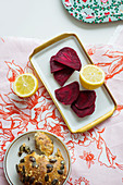 Beetroot with lemon and pumpkin seed rolls