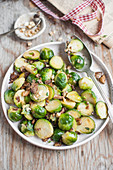 Brussels sprout with vegan mushroom bacon