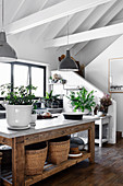 Plants and baskets on a rustic wooden table in the open kitchen