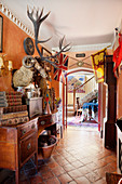 Stuffed ram and stag heads on wall above antique wooden sideboard in hallway