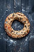 A bread wreath with sunflower seeds and pumpkin seeds
