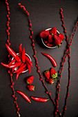 Red fabric and twigs with bright buds placed on black background near hot chili peppers and sweet ripe strawberries