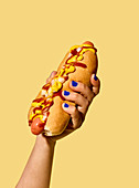 Hand hält Hot Dog