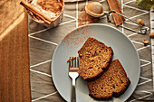 Baked banana bread with a cup of coffee