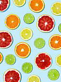 Slices of citrus fruit on a light blue surface