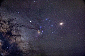 Mars and Saturn near Antares and Star Clusters