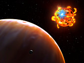 Exoplant and red dwarf stellar flares, illustration