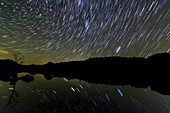 Star trails reflected in creek, time-exposure image