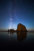 Haystack Rock with Milky Way and Meteor