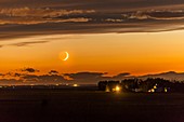 Crescent Moonset over Farm