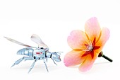 Robot bee and flower, illustration