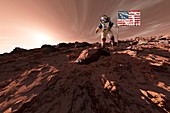 Astronaut planting US flag on Mars, illustration
