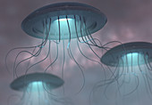 UFOs in sky, illustration
