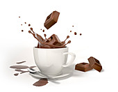 Chocolate cube splashing into cup, illustration