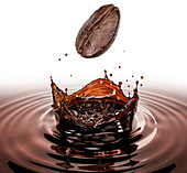 Coffee bean splashing in pool of coffee, illustration