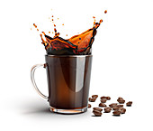 Glass mug with coffee splash and coffee beans, illustration