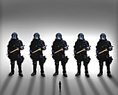 Disproportionate police force, conceptual illustration