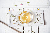A cup of tea with daisies (bellis perennis)