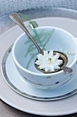White aquilegia in tea strainer and asparagus fern sprig in bowl