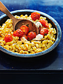 Sweetcorn and quark Spätzle (soft egg noodles from Swabia) with cherry tomatoes