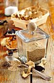 Mushroom salt made with dried mu-err mushrooms, king trumpet mushrooms and mixed wild mushrooms