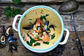 Chowder clam soup with smoked salmon