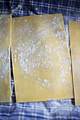 Lasagneplatten mit Mehl auf Geschirrtuch