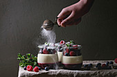 Homemade classic dessert Panna cotta with raspberry and blueberry berries and jelly in jars