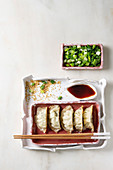 Fried asian dumplings Gyozas potstickers in pink square ceramic plate with chopsticks, bowl of soy sauce and chopped spring onion