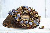 Simple and elegant winter wreath of pine cones painted gold and dipped in coloured wax