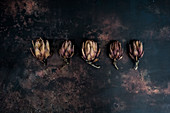 Five baked artichokes on black rusty surface