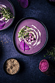 Purple sweet potato and cauliflower soup with zaatar