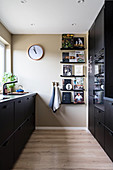 Black cabinets and books on ledges in kitchen