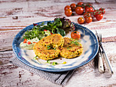 Quinoa fritters with cherry tomatoes and salad
