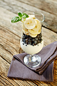 A yoghurt dessert with blueberries, banana and mint