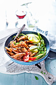Prawns with green asparagus, cucumber and tomato