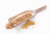 Brown millet flour on a wooden scoop, with millet next to it